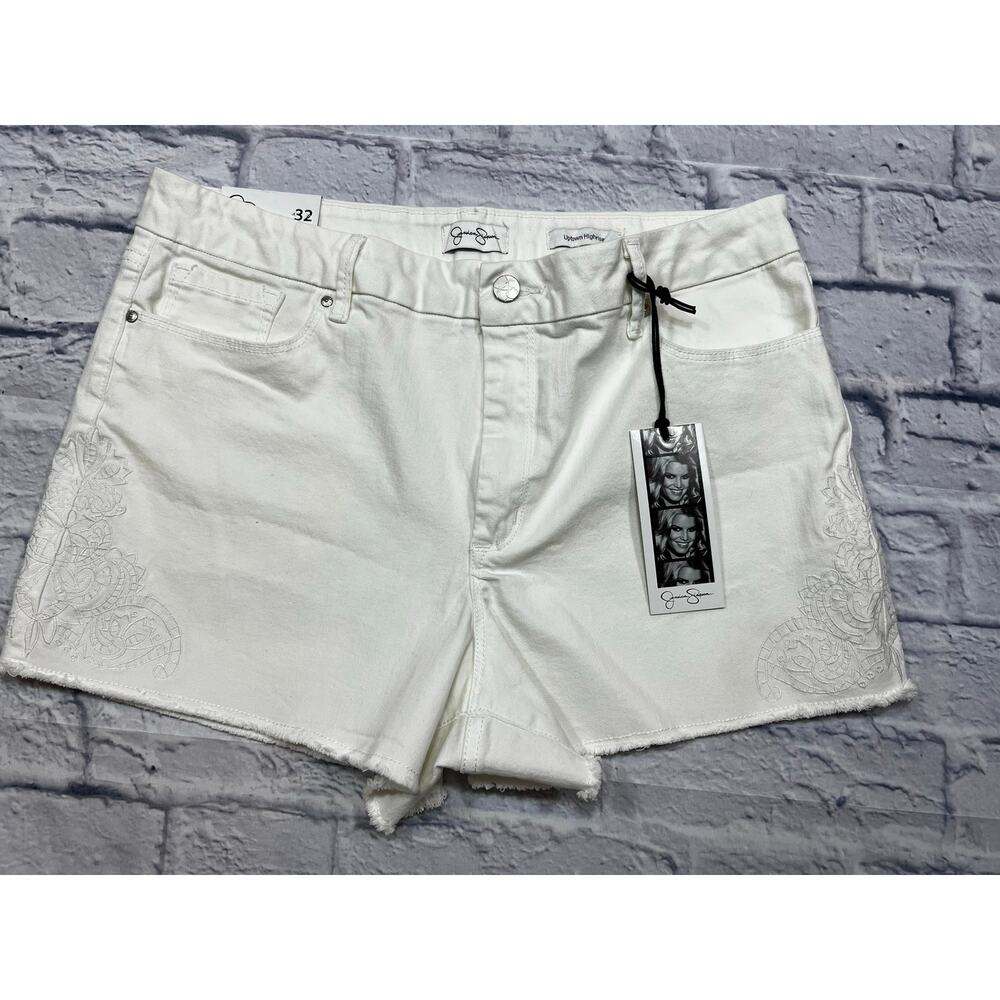 Jessica Simpson White Denim Cutoff Jean Shorts Uptown High Rise embroidered  32